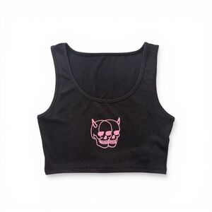 Pink Devil Skull Black Ribbed Cropped Tank Top NWT, Size S